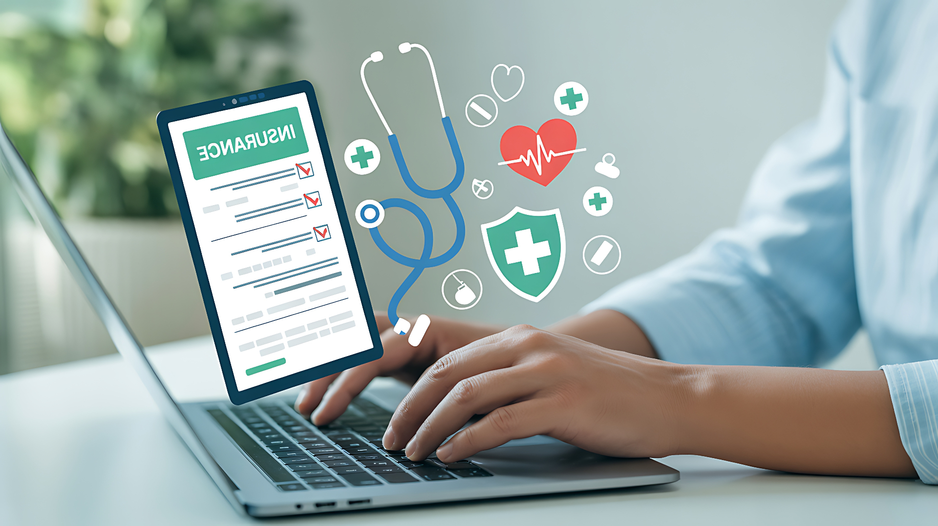 Person on a laptop with health insurance icons and a stethoscope illustration