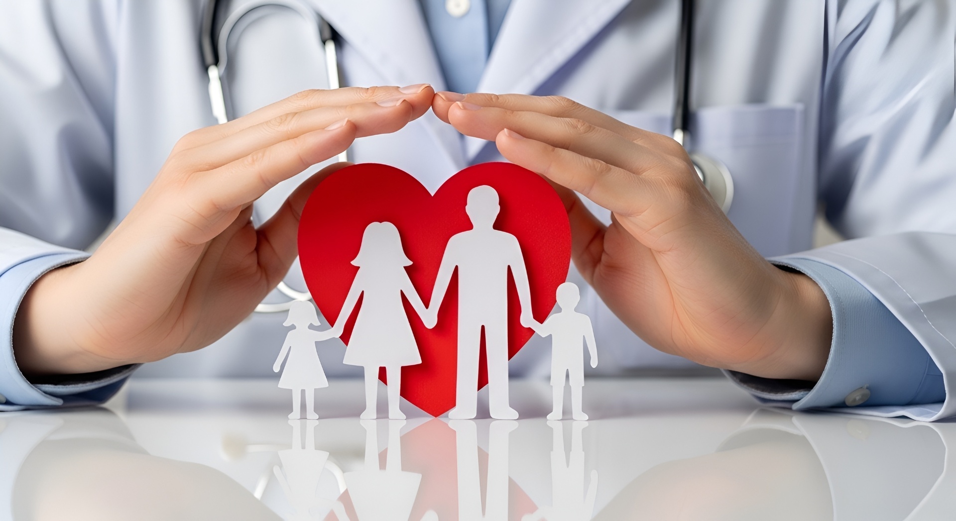 Doctor's hands protecting a paper family cut-out with a red heart