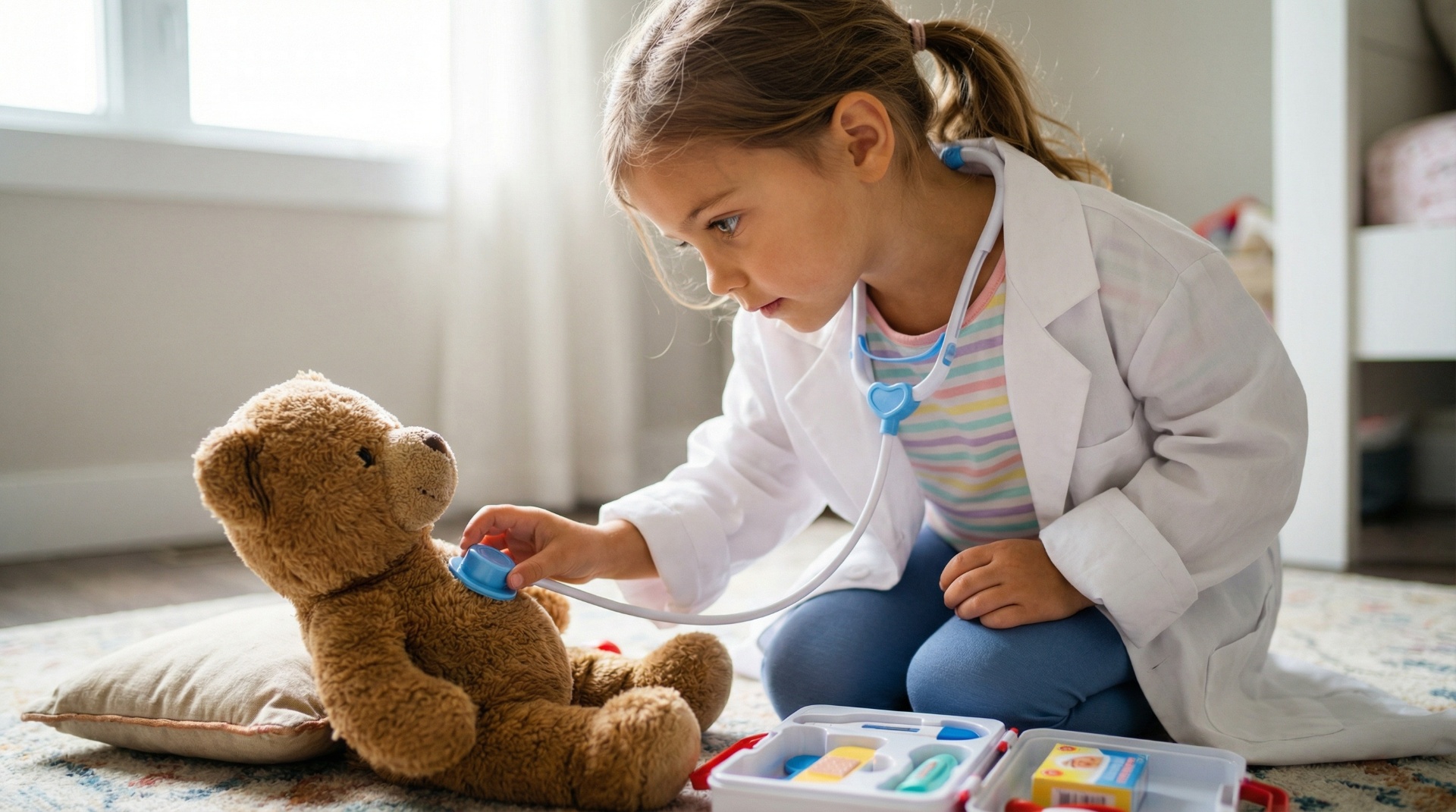 Young child in a doctor's coat playing with a teddy bear and stethoscope