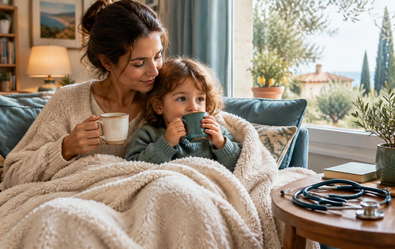 Mother and child wrapped in a blanket drinking warm tea at home, with a stethoscope on the side table